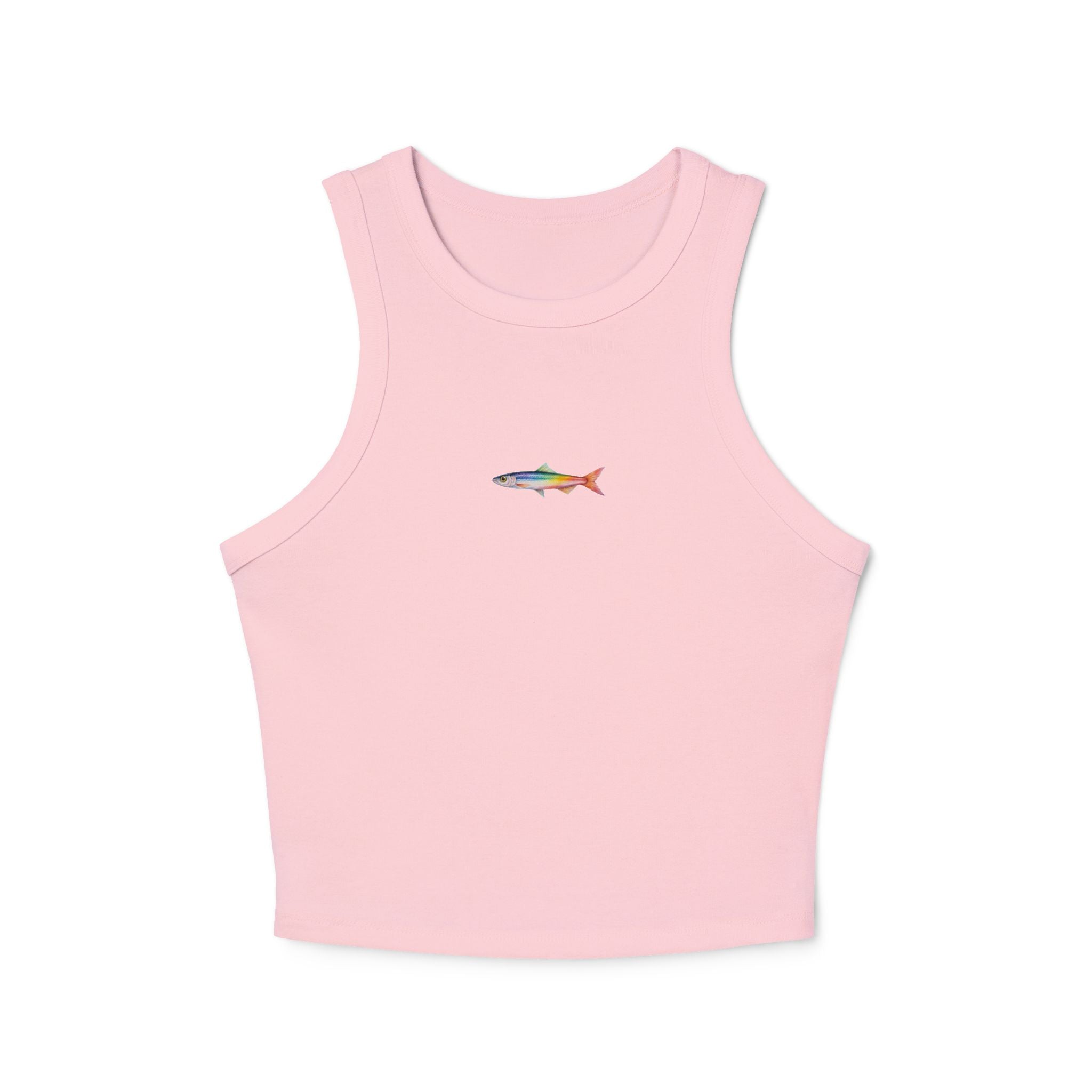 Pink tank top with a colorful fish design on a white background