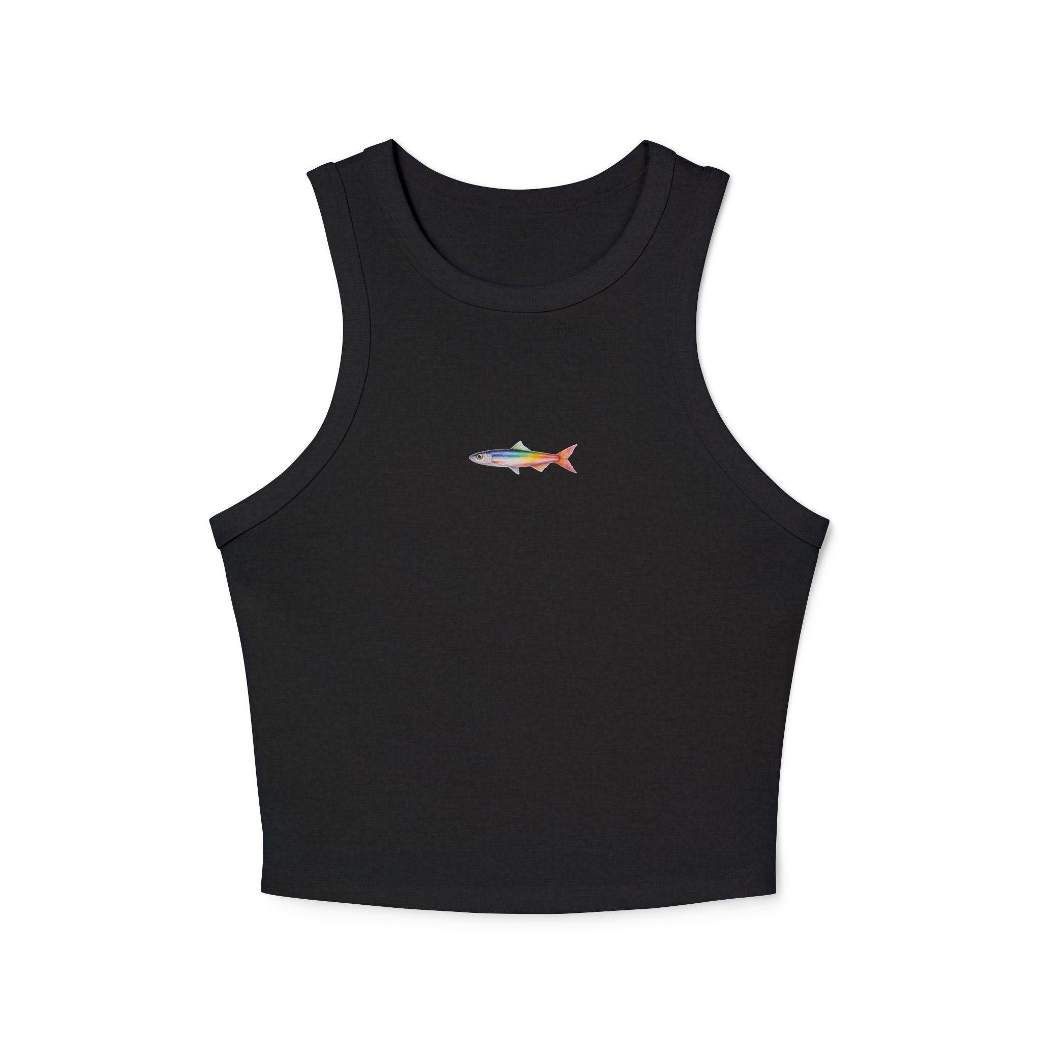 Black tank top with a colorful fish design on a white background
