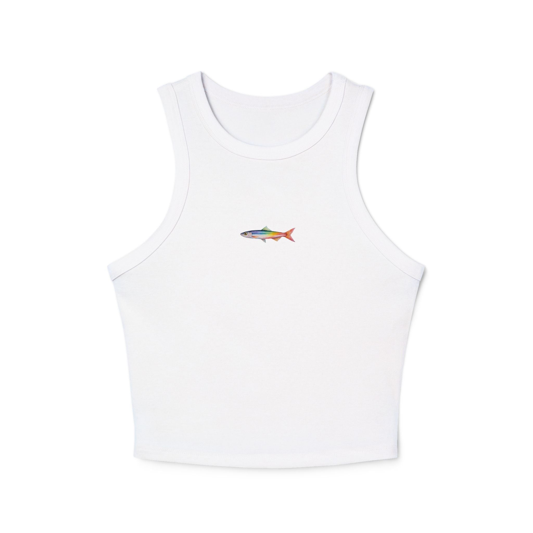White tank top with a colorful fish design on a white background