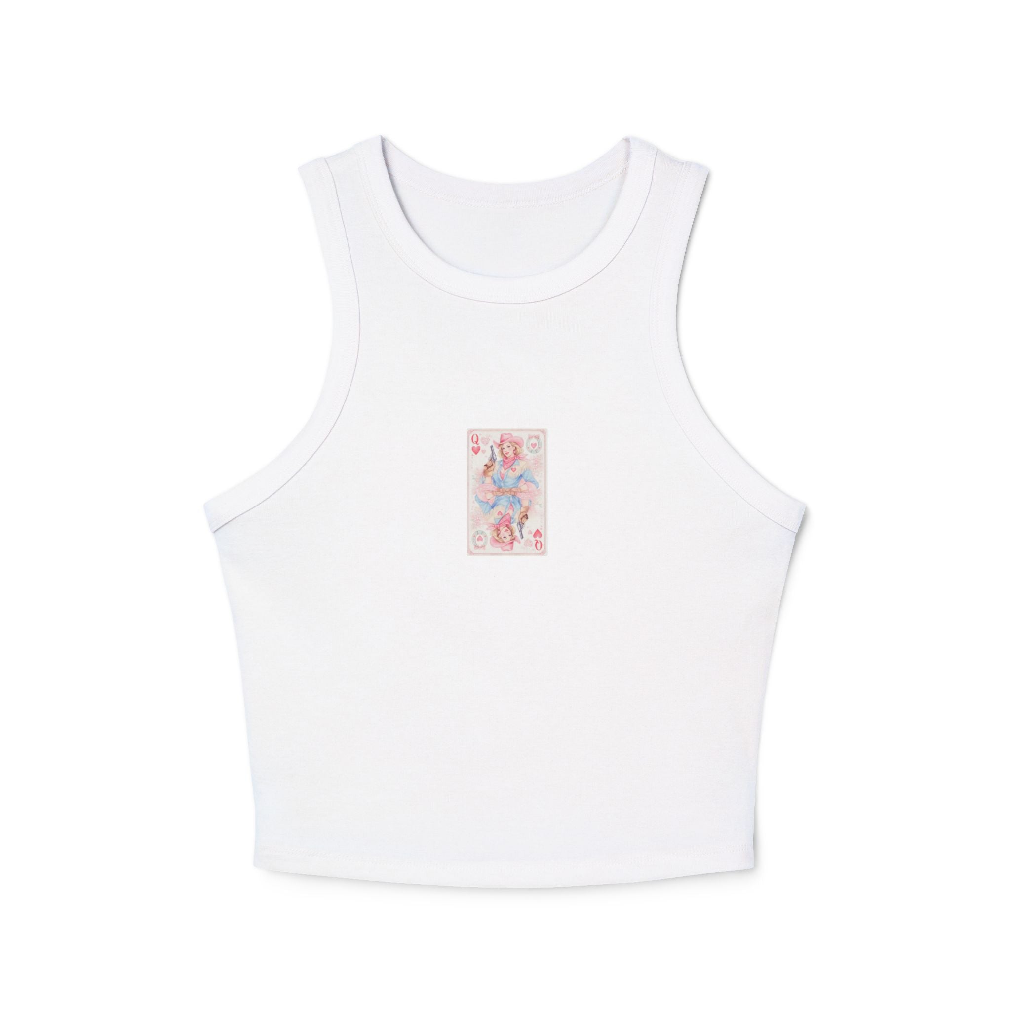 White tank top with a drawing of a western queen of hearts playing card 