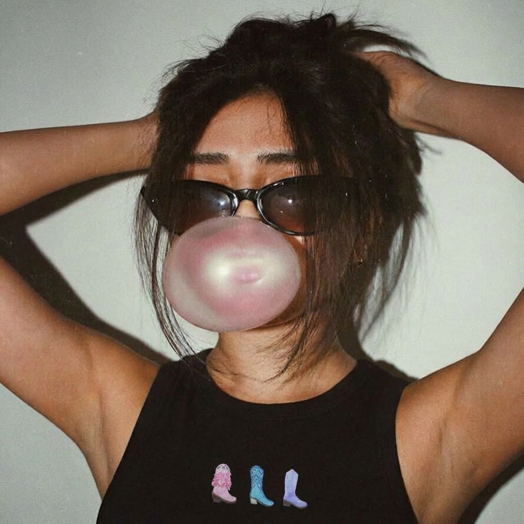 Person blowing a bubble with bubble gum against a plain background